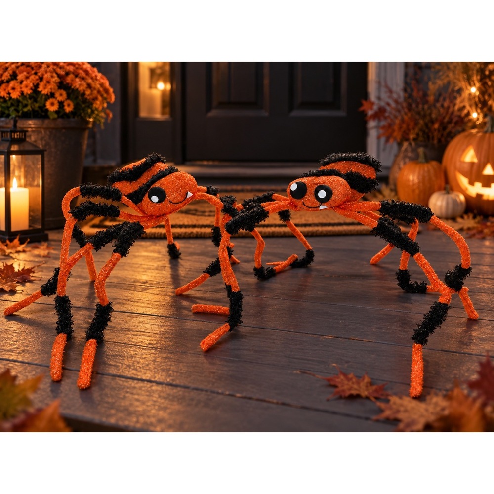 Large Halloween Spider Decorations Set of 2 Orange Black Poseable 20 Inch Legs